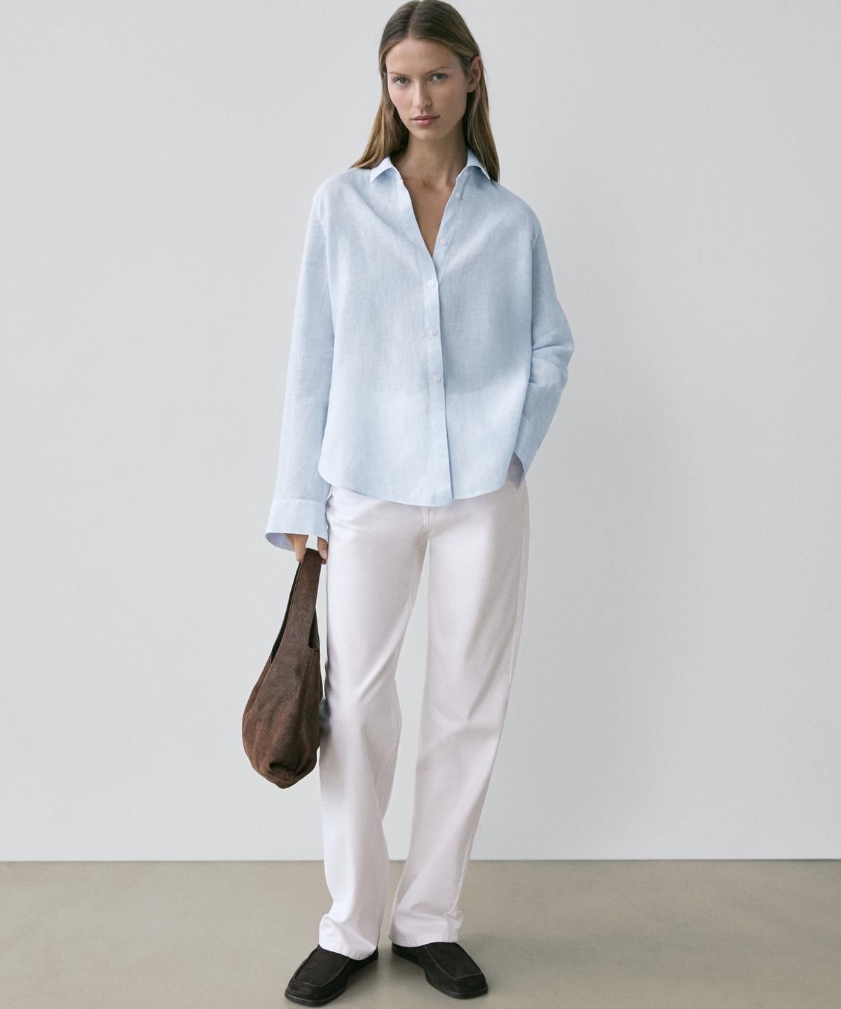 마시모두띠(MASSIMO DUTTI) 100% 린넨 핀스트라이프 레귤러 핏 셔츠