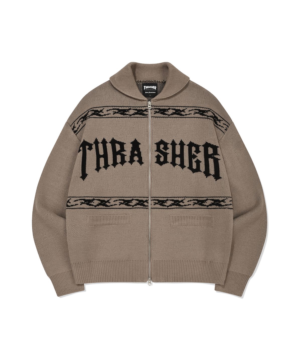 트레셔(THRASHER) 로우로우 패턴 니트집업 베이지