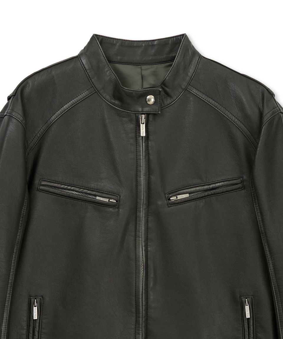 MUSINSA公式 | MATIN KIM WASHED FAUX LEATHER RACER JUMPER IN CHARCOAL