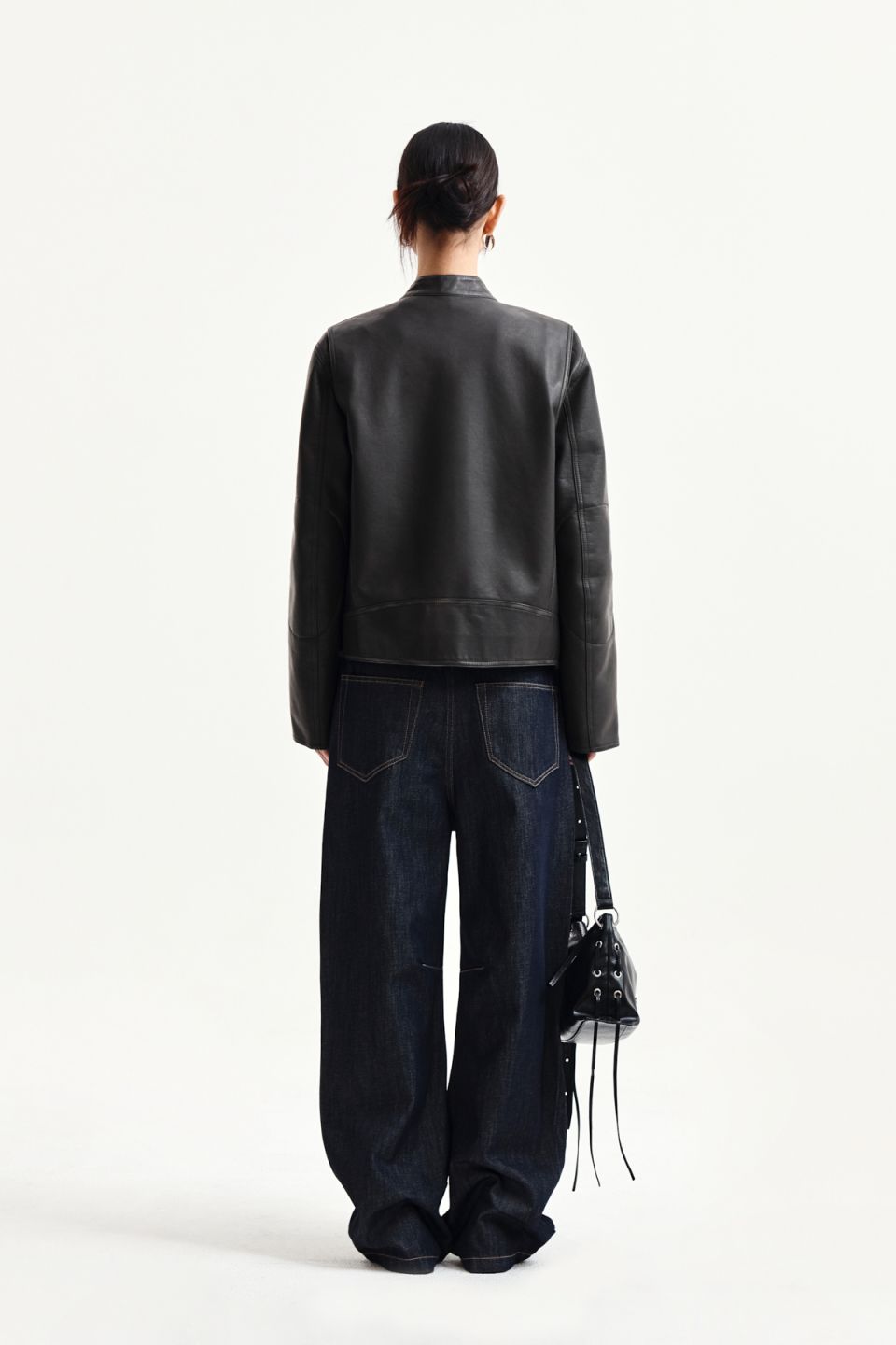 MUSINSA公式 | MATIN KIM WASHED FAUX LEATHER RACER JUMPER IN CHARCOAL