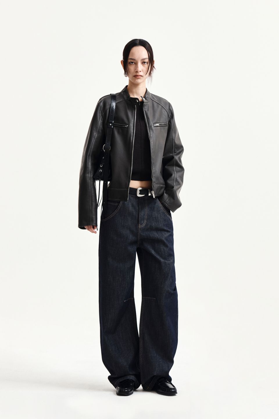 MUSINSA公式 | MATIN KIM WASHED FAUX LEATHER RACER JUMPER IN CHARCOAL