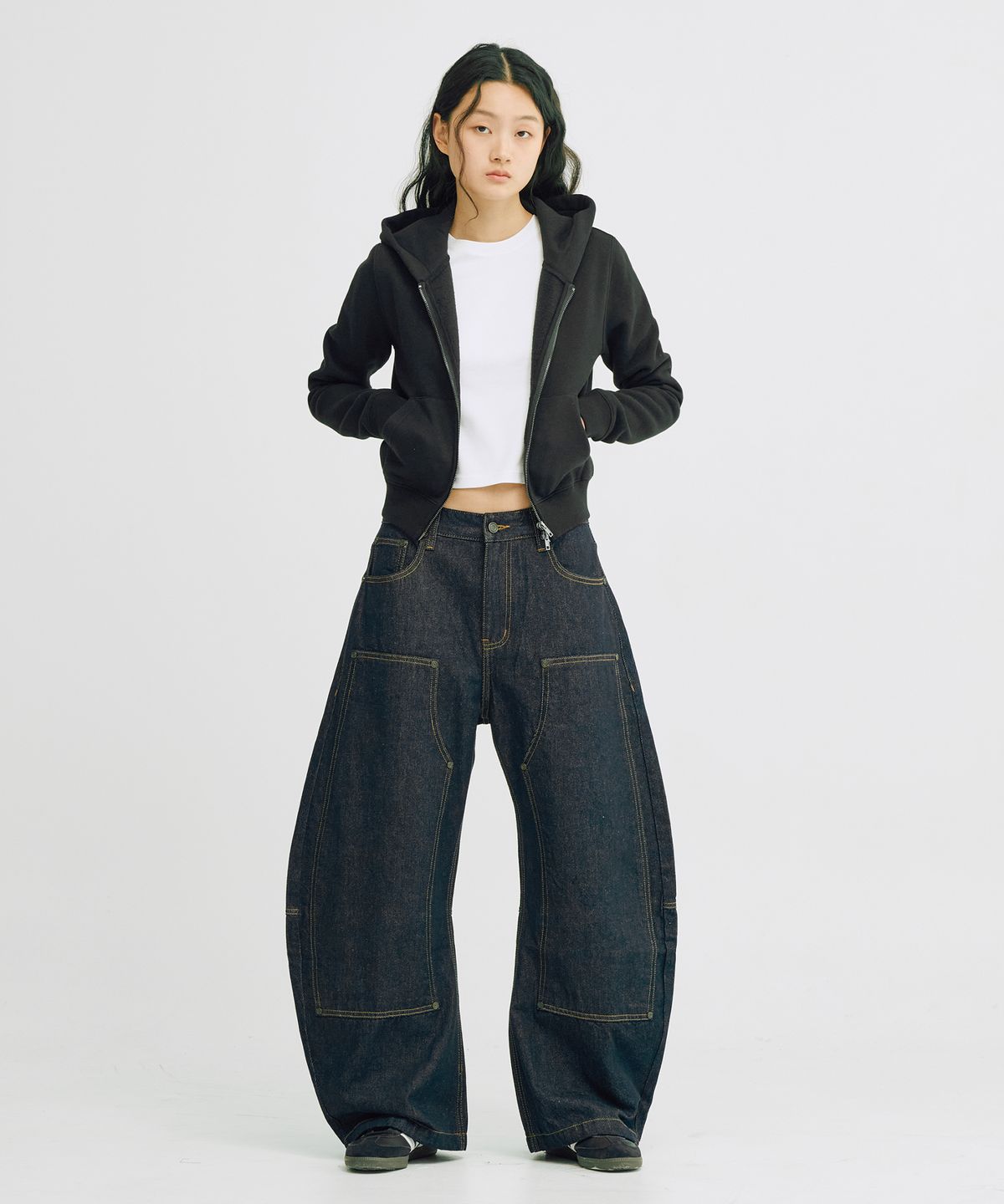 테이크이지(TAKEASY) [크롭 티셔츠 추가] (우먼스) 아일렛 크롭 후드집업 (블랙)
