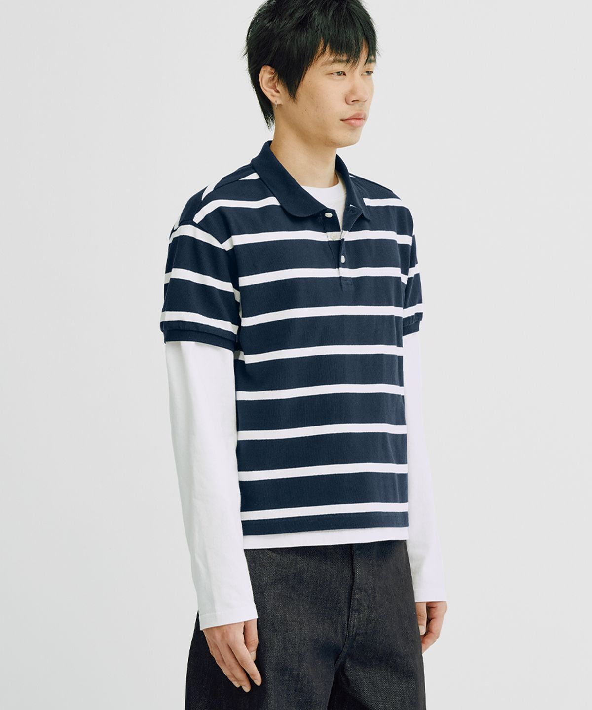 테이크이지(TAKEASY) [크롭 롱 슬리브 추가] 피케 폴로 하프 티셔츠 (네이비)