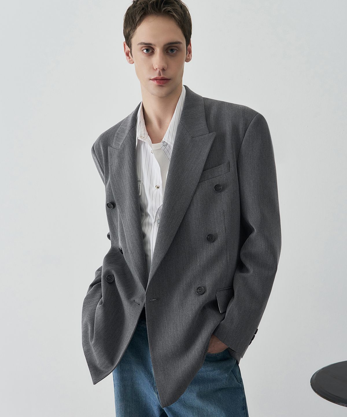 드로우핏(DRAW FIT) 헤링본 테일러드 더블 블레이저 [GREY]