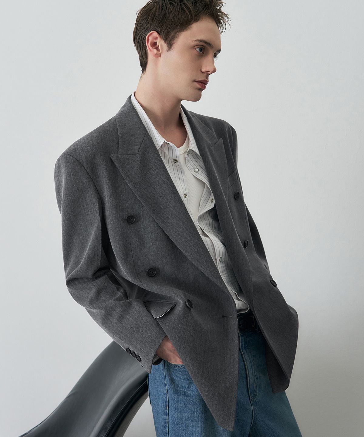 드로우핏(DRAW FIT) 헤링본 테일러드 더블 블레이저 [GREY]