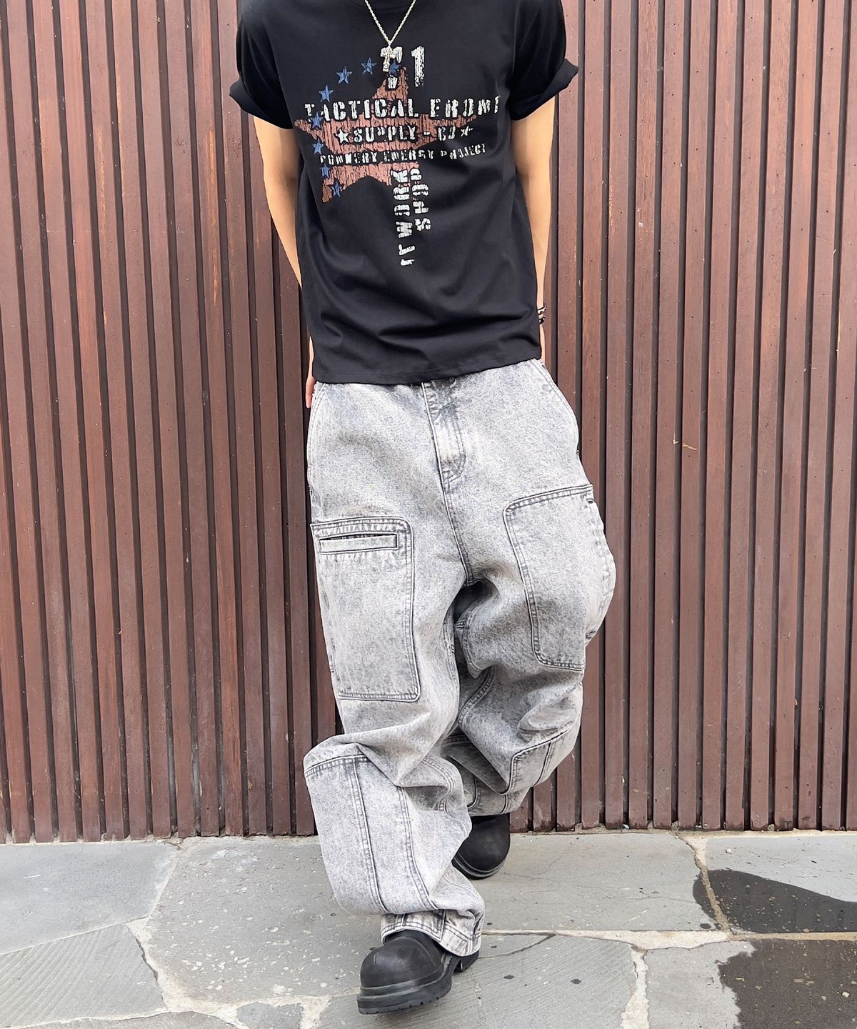 기철(KICHUL) Asym Vintage Cargo Denim Pants (Stone Grey)