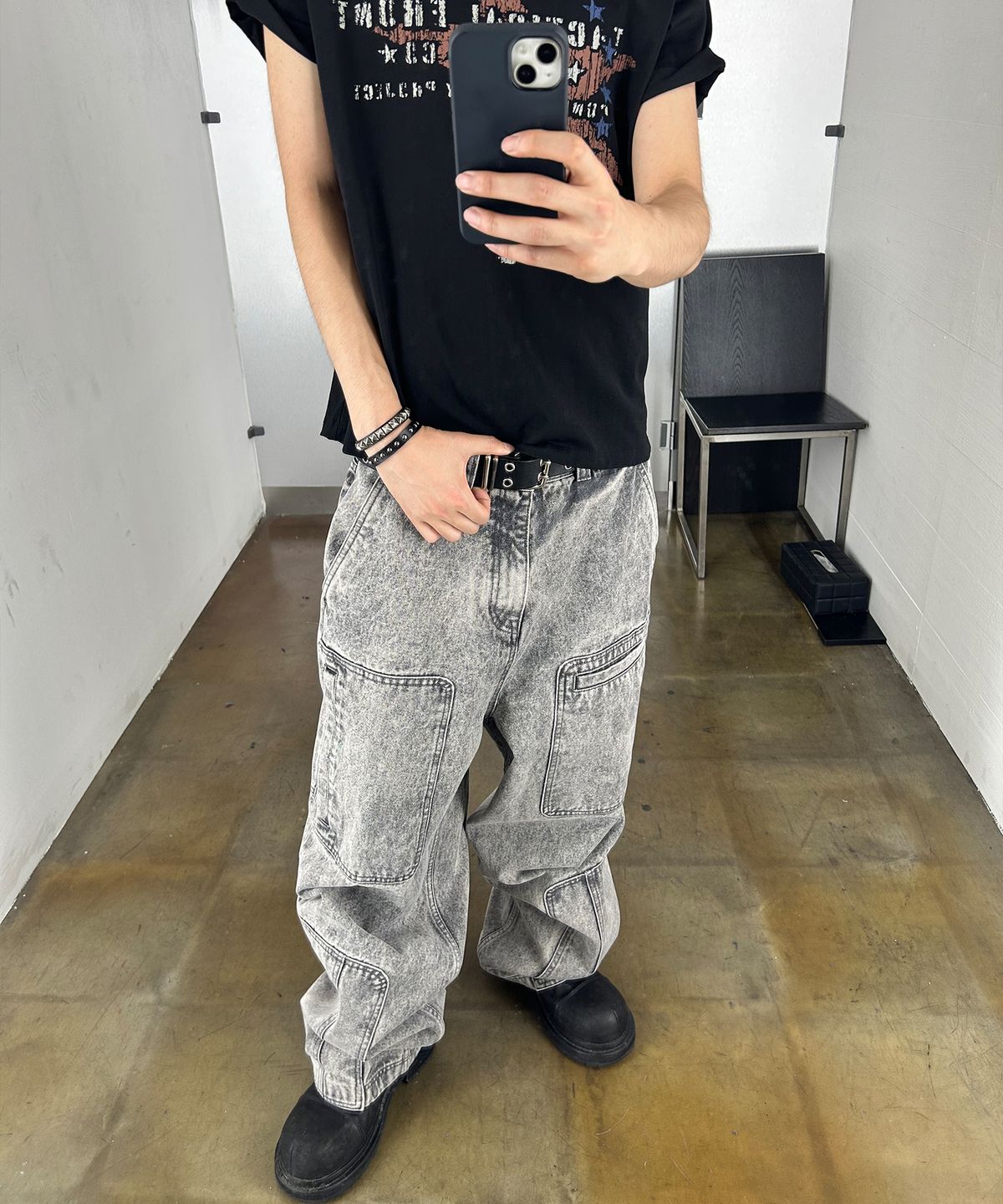 기철(KICHUL) Asym Vintage Cargo Denim Pants (Stone Grey)