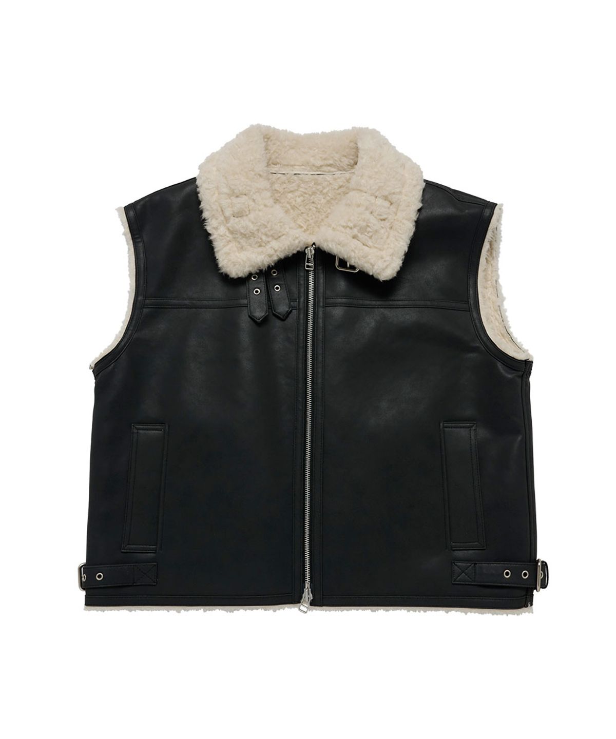 아크메드라비(ACME DE LA VIE) HIGHNECK VINTAGE CRACK VEGAN LEATHER MOUTON VEST (2COLOR)