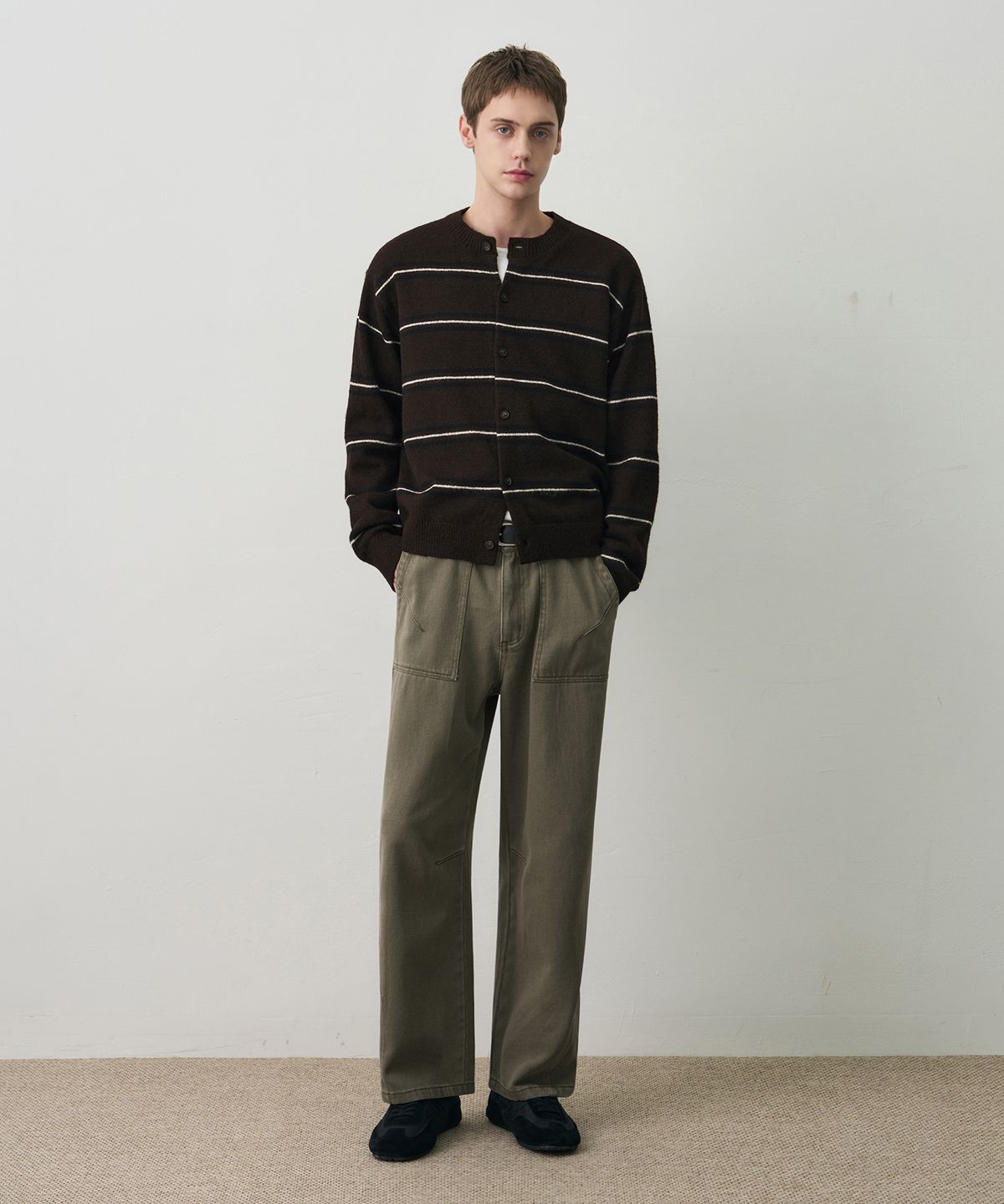 드로우핏(DRAW FIT) 울 헤어리 브로드 스트라이프 가디건 [BROWN]