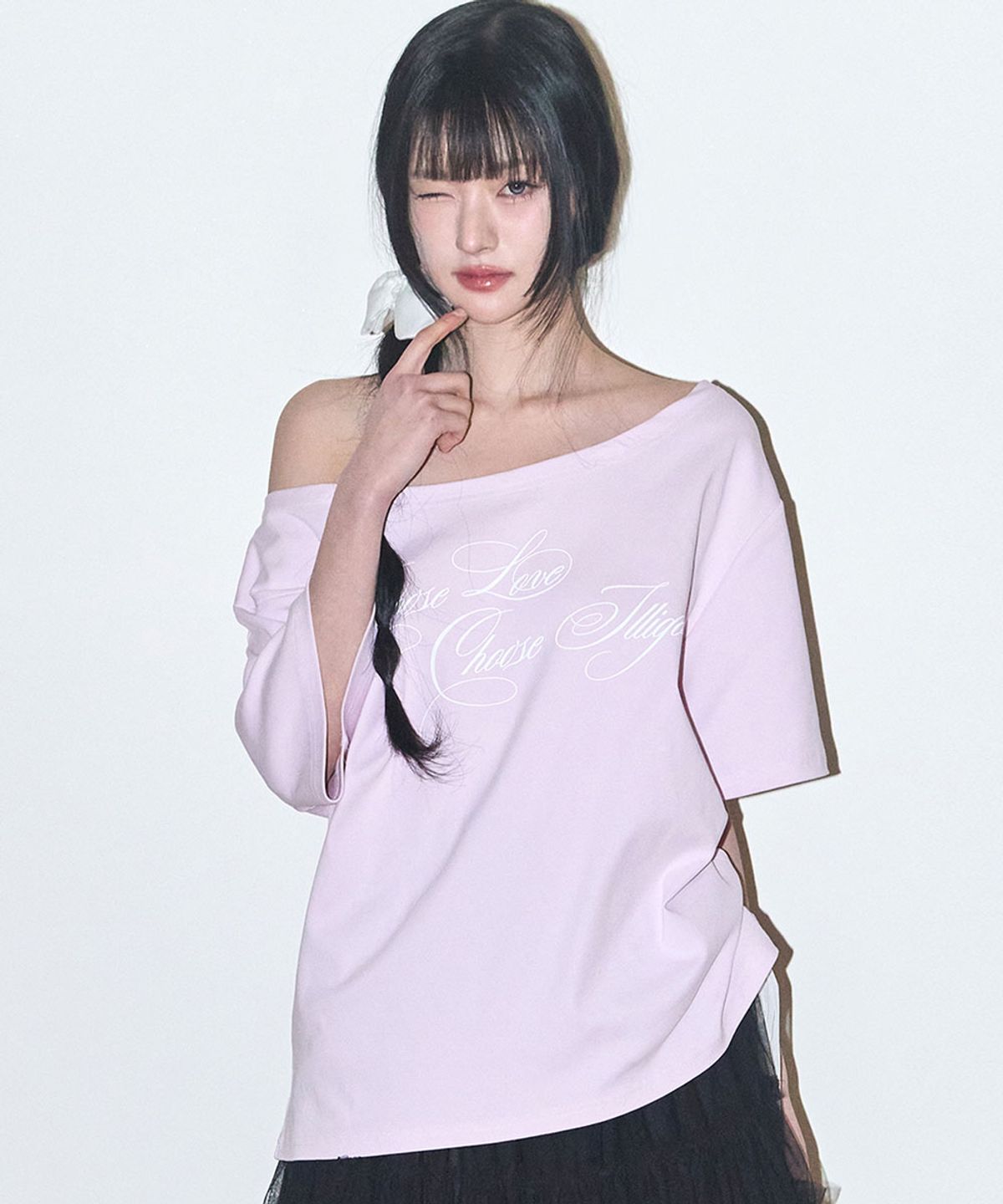 일리고(ILLIGO) 시어 리본 오프숄더 탑 핑크