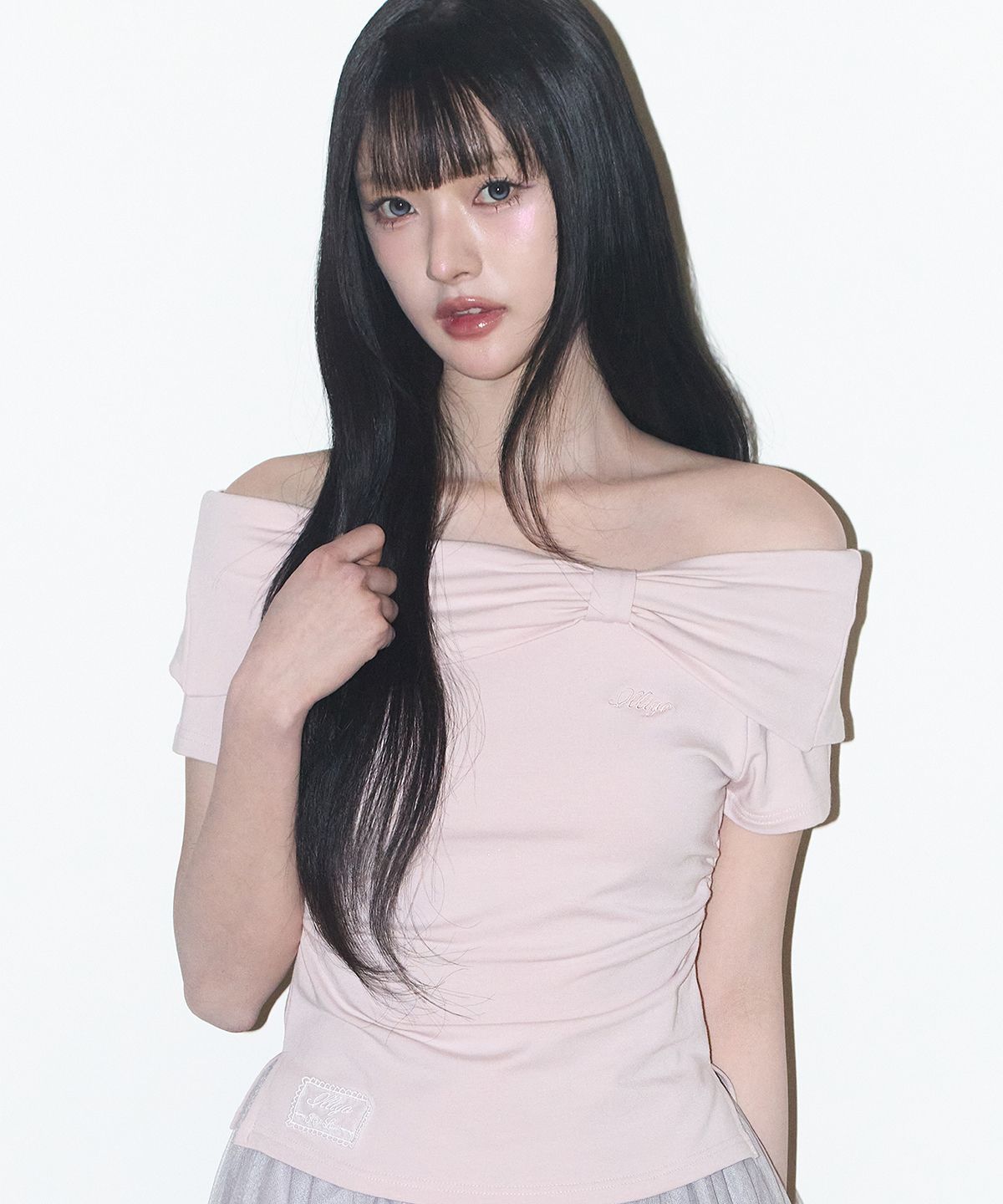 일리고(ILLIGO) 보우 오프숄더 티 핑크