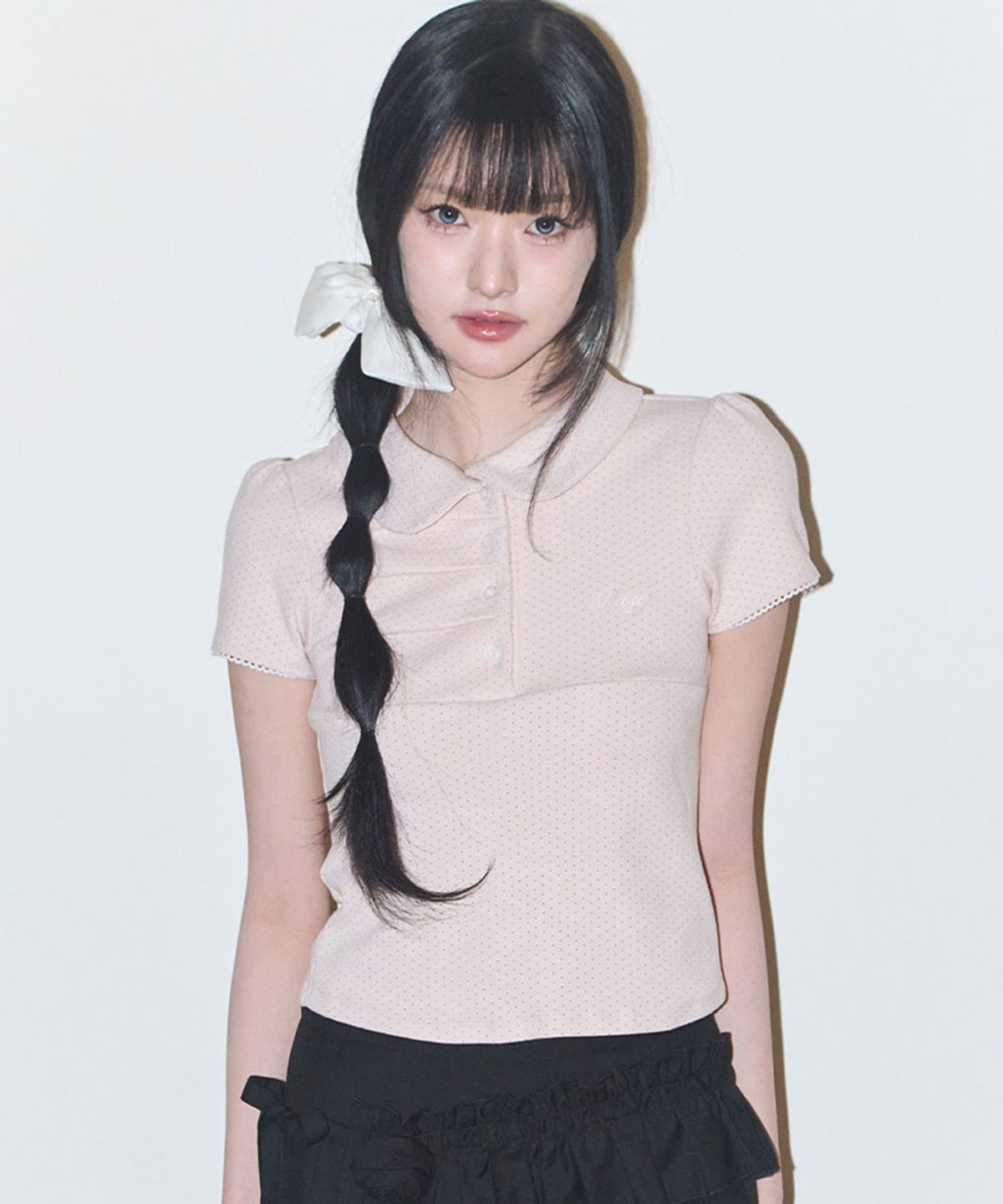 일리고(ILLIGO) 도트 핀턱 카라 티 핑크