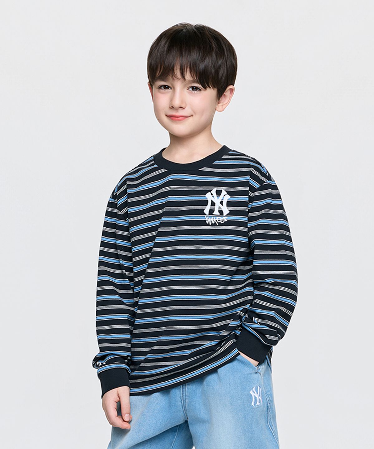 엠엘비 키즈(MLB KIDS) 스트릿 베이직 스트라이프 긴팔 티셔츠 NY (Black)