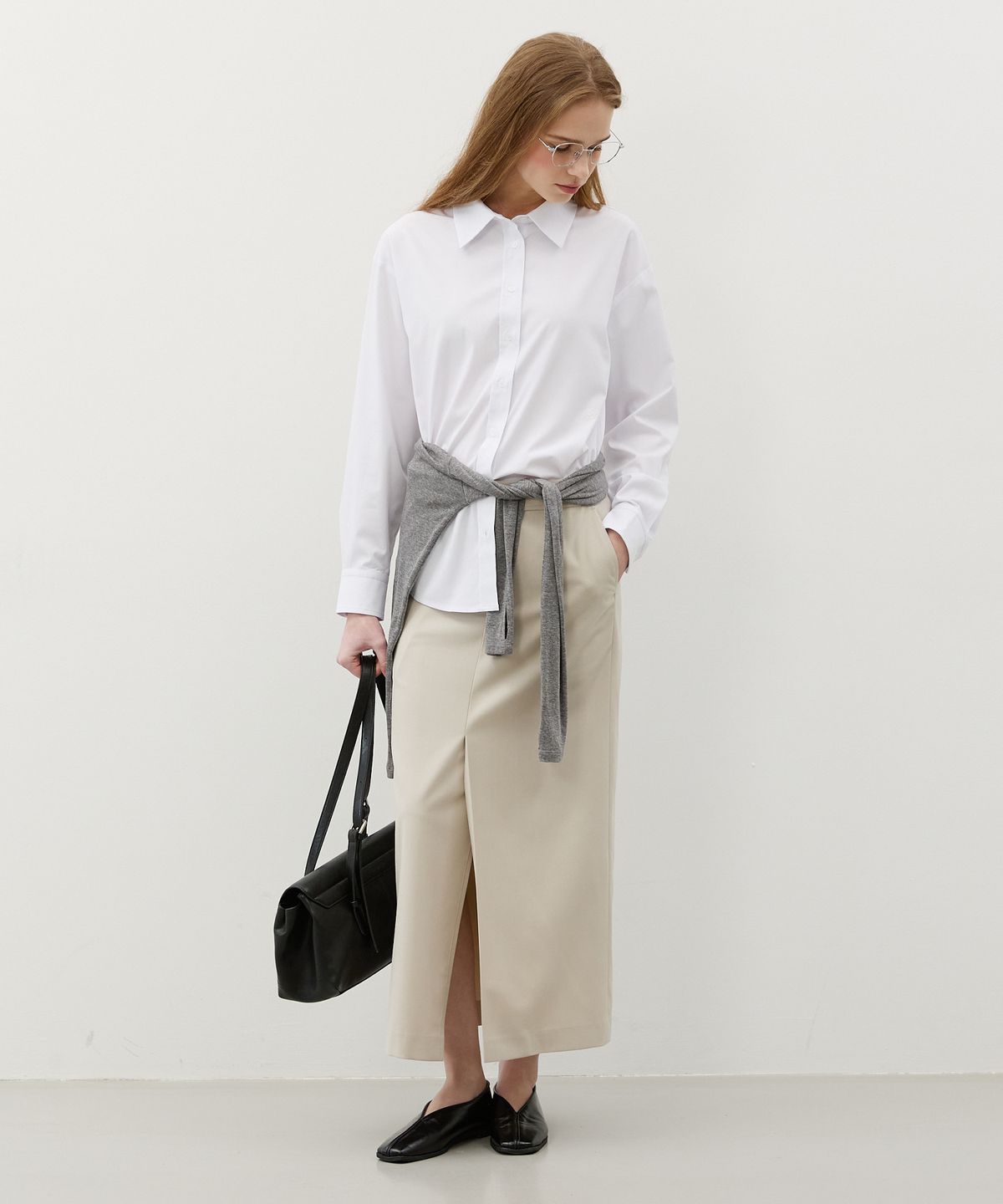 시티브리즈(CITYBREEZE) 스트랩 테일러드 롱 스커트_LIGHT BEIGE