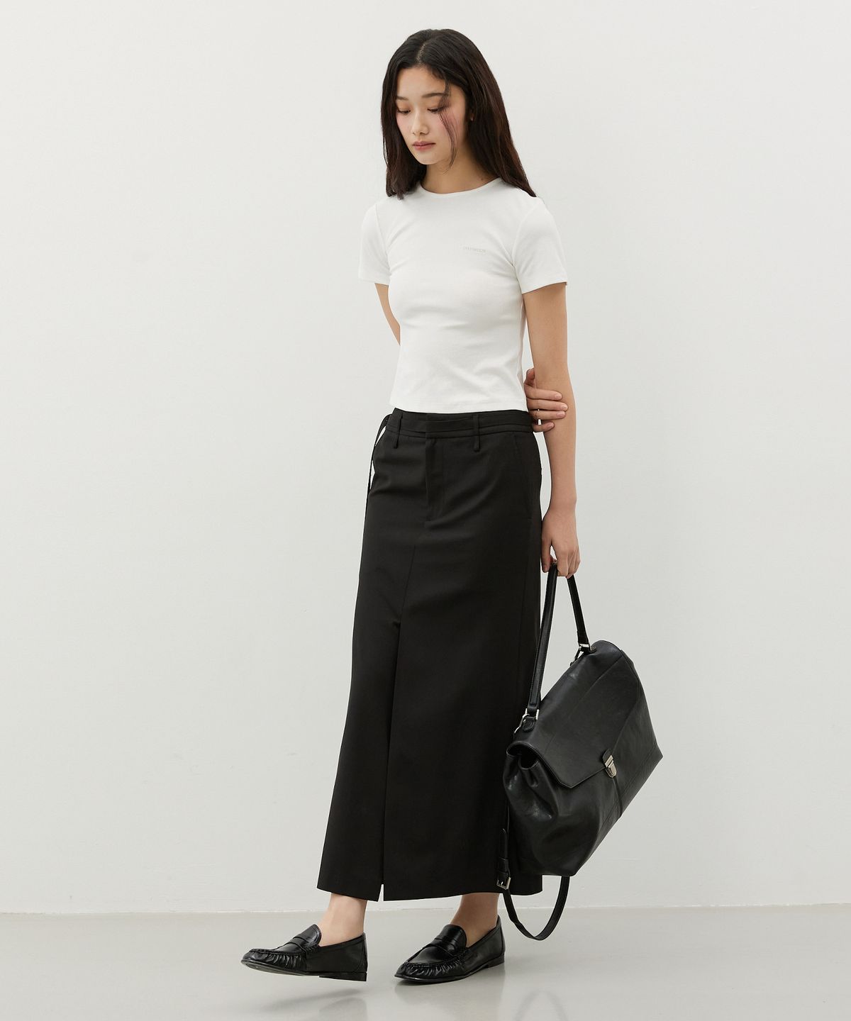 시티브리즈(CITYBREEZE) 스트랩 테일러드 롱 스커트_BLACK