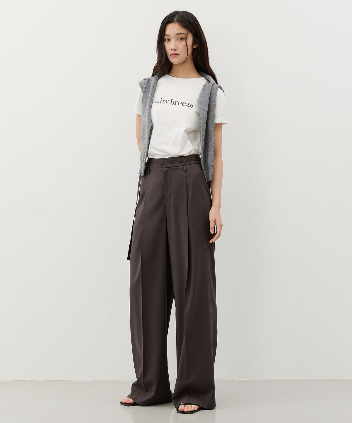시티브리즈(CITYBREEZE) 스트랩 턱 와이드 슬랙스_DARK BROWN