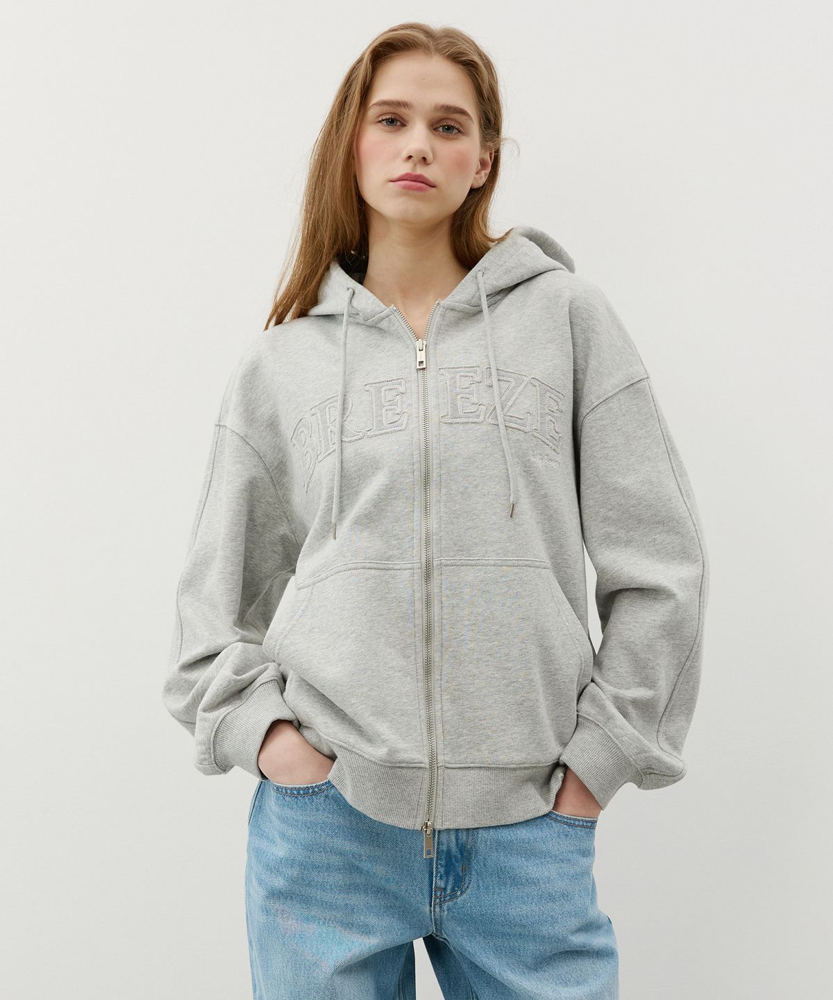 시티브리즈(CITYBREEZE) 아플리케 패치 후드 집업_MELANGE GREY