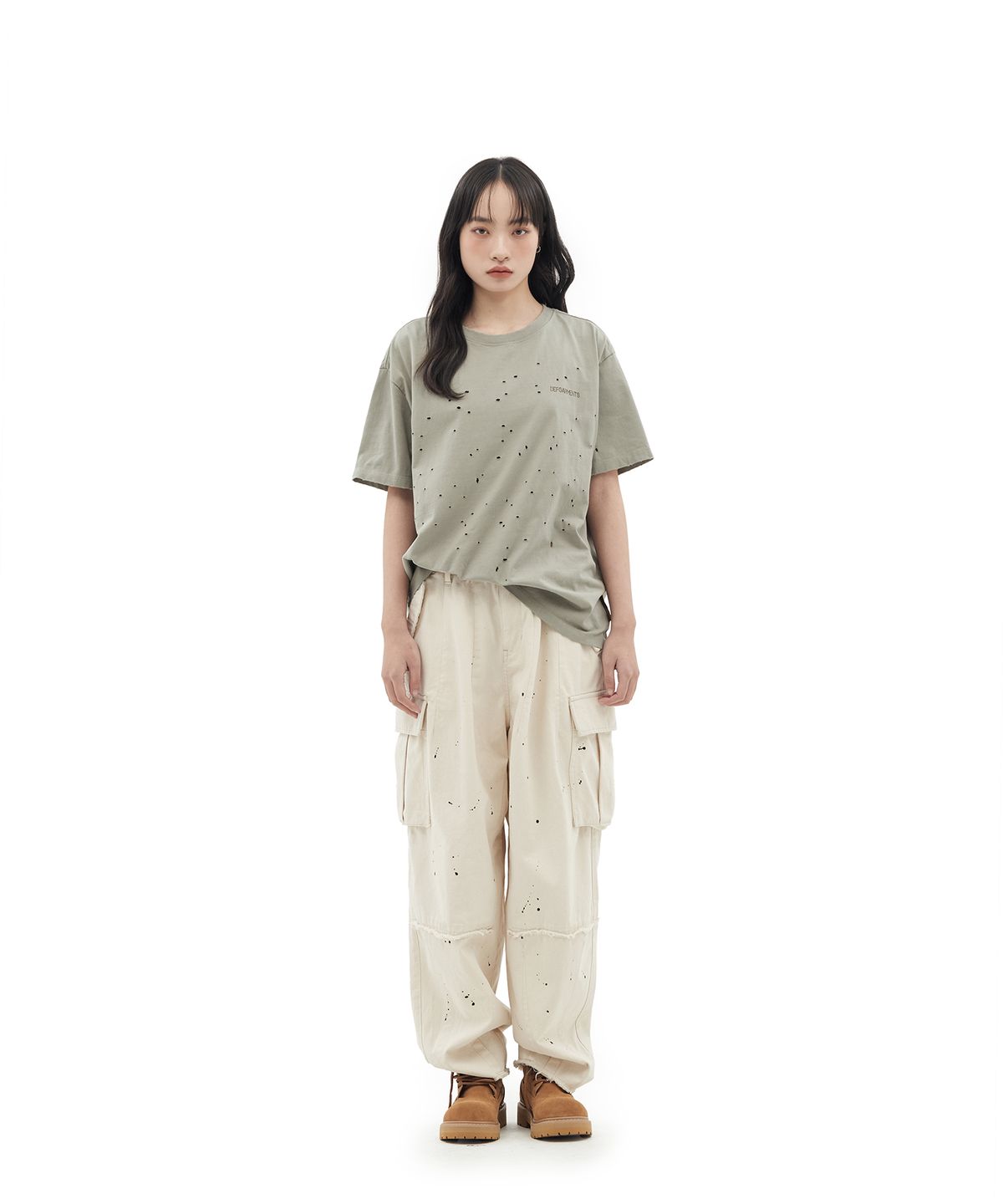 데프가먼츠(DEFGARMENTS) SPIRAL LIZARD DAMAGED T-SHIRTS [KHAKI]