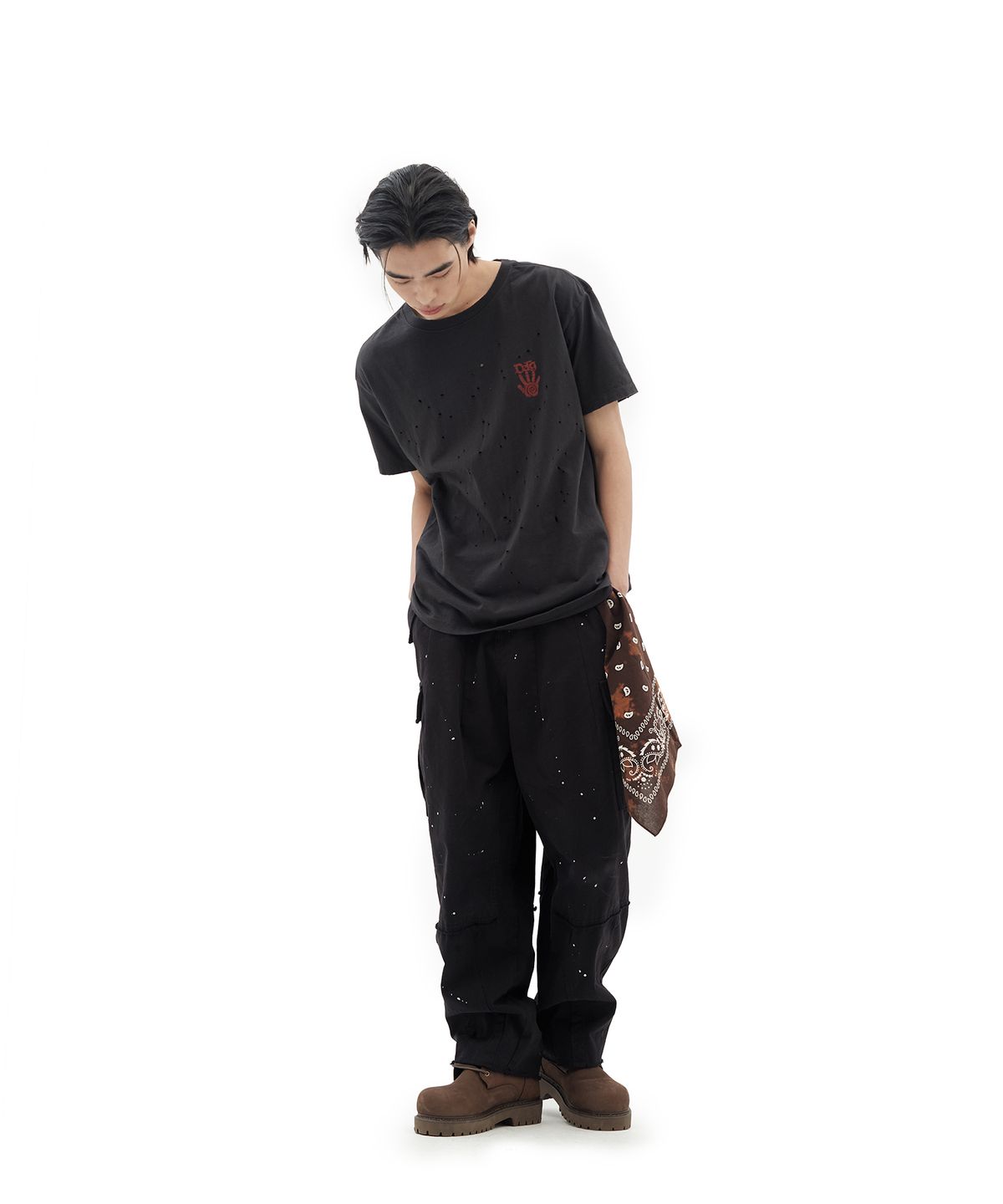 데프가먼츠(DEFGARMENTS) FINGERPRINT DAMAGED T-SHIRTS [CHARCOAL]