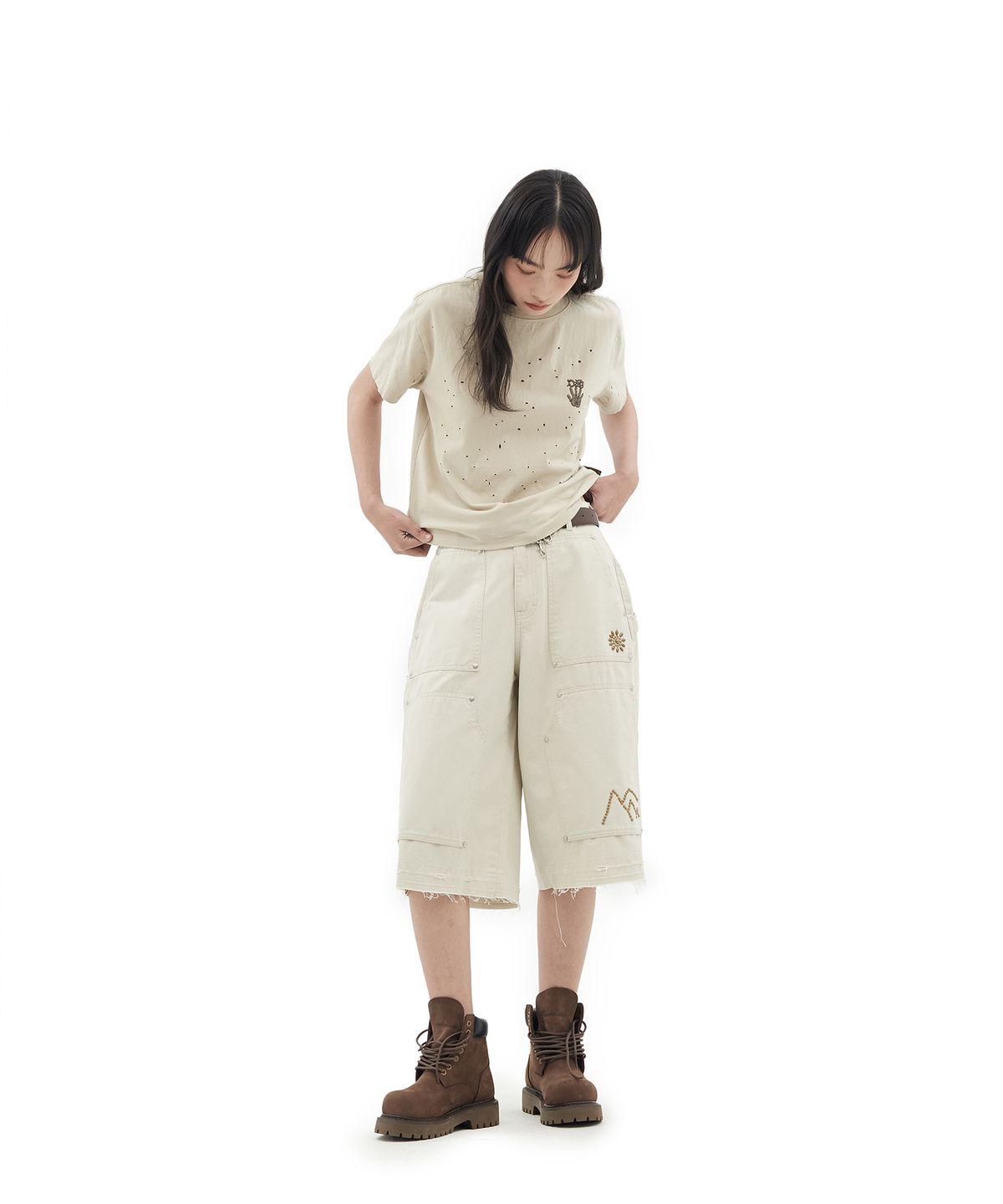 데프가먼츠(DEFGARMENTS) FINGERPRINT DAMAGED T-SHIRTS [BEIGE]