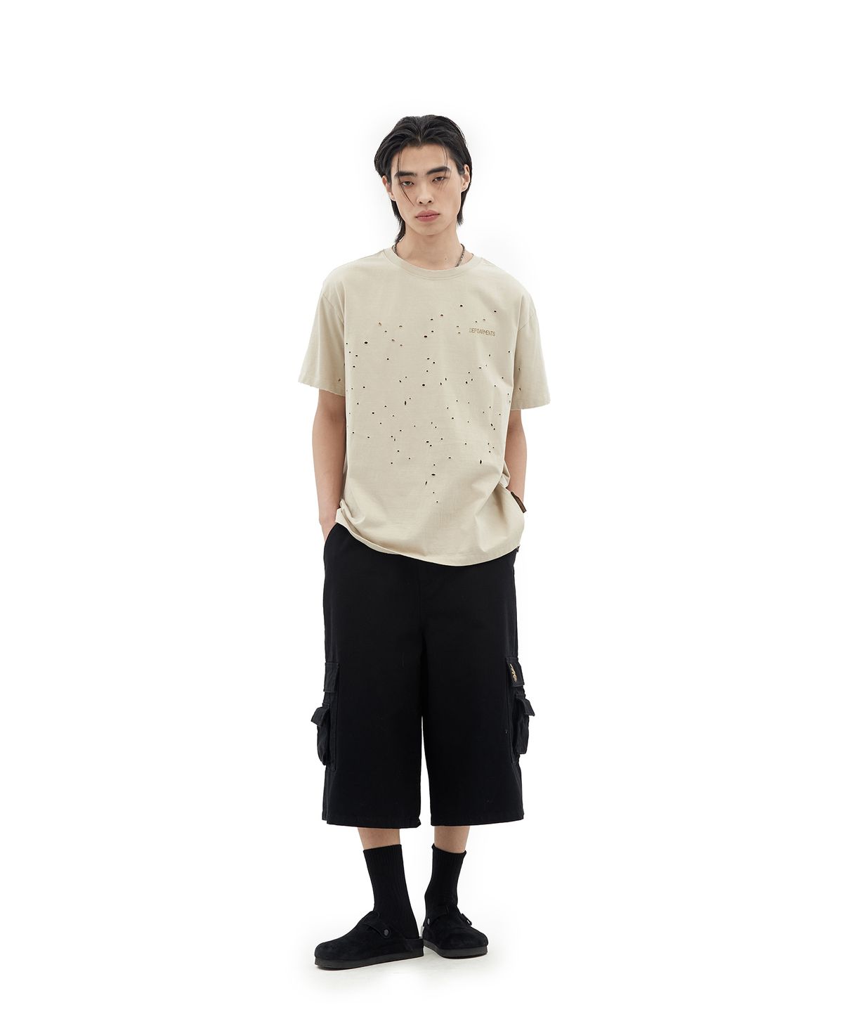 데프가먼츠(DEFGARMENTS) SPIRAL LIZARD DAMAGED T-SHIRTS [BEIGE]