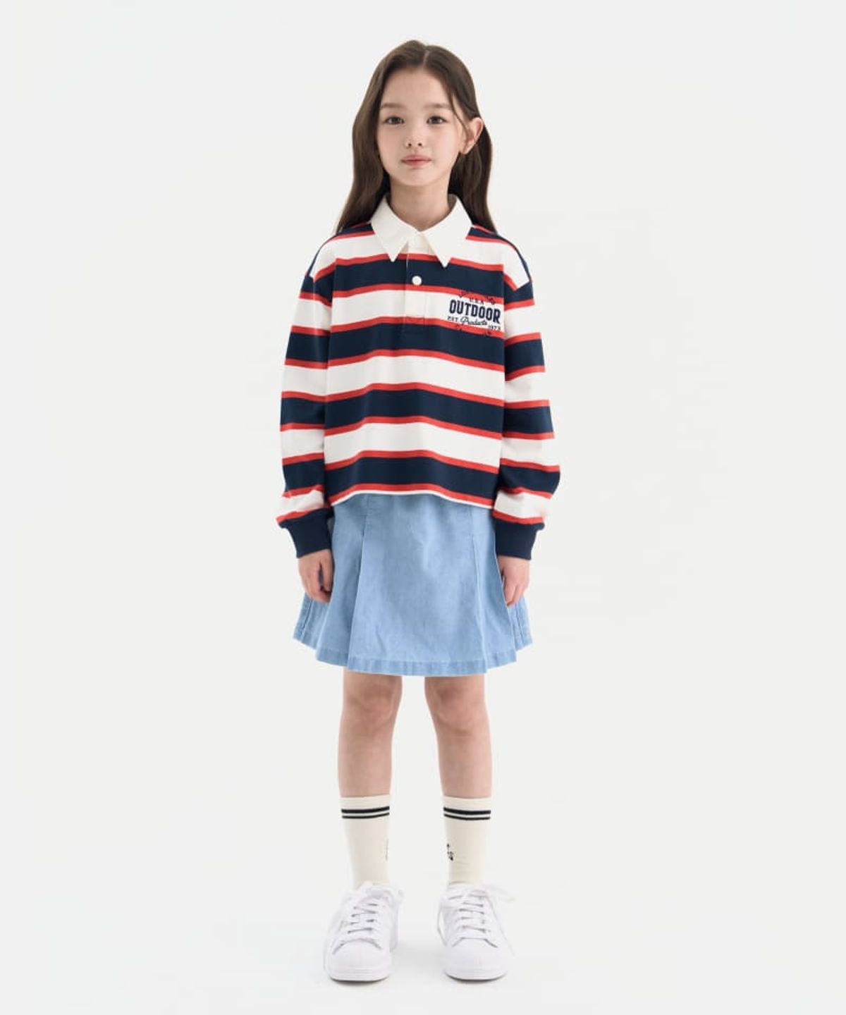 아웃도어 프로덕츠 키즈(OUTDOOR PRODUCTS KIDS) [세트상품]여아 세미크롭 럭비티+데님 스커트 팬츠 (다크 네이비+라이트블루)