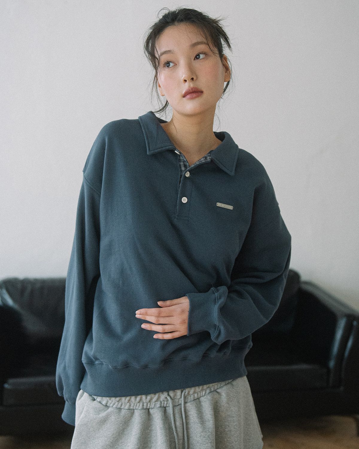 해비즘(HAVISM) WP CHECKED COLLAR SWEATSHIRT(NAVY)