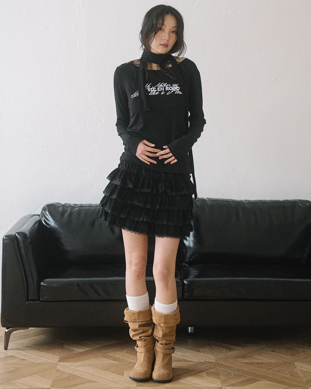 해비즘(HAVISM) LVER BOAT NECK L/S TEE(BLACK)
