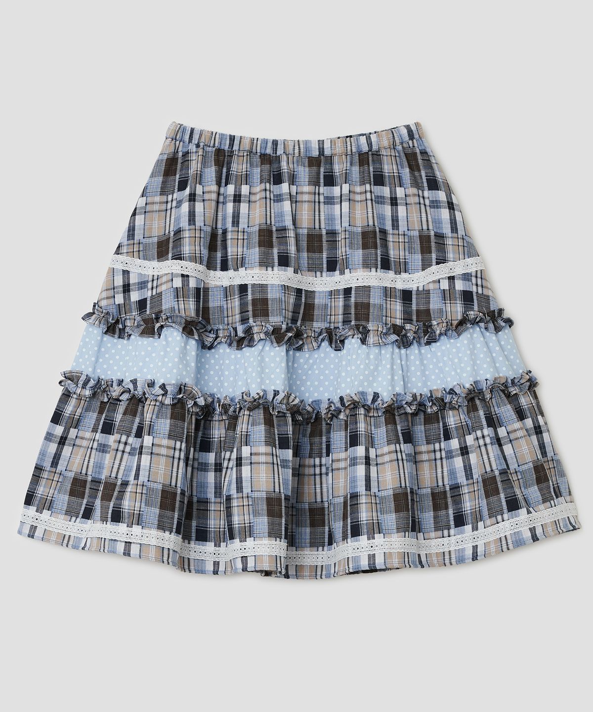 타입서비스(TYPESERVICE) Lace Trim Ruffled Check Skirt [Blue]
