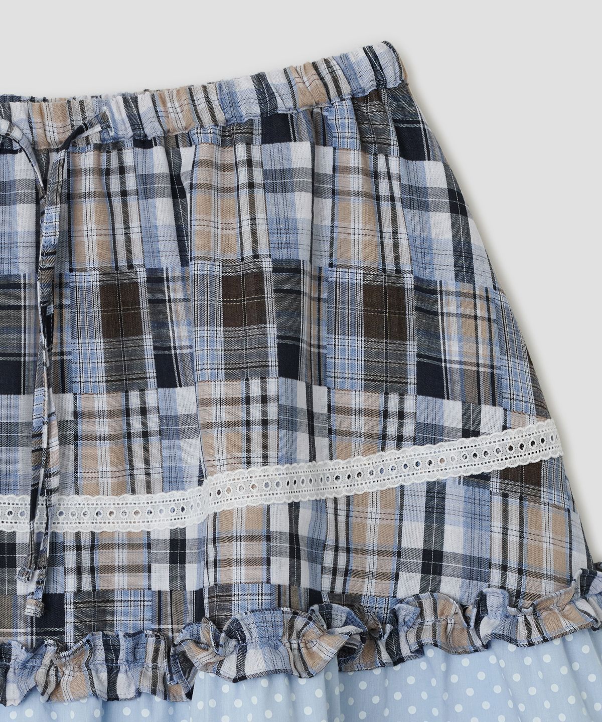 타입서비스(TYPESERVICE) Lace Trim Ruffled Check Skirt [Blue]