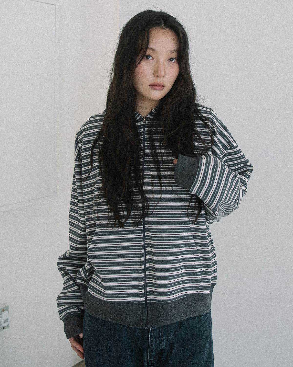 해비즘(HAVISM) WP STRIPE THIN ZIP UP HOOD(CHARCOAL)
