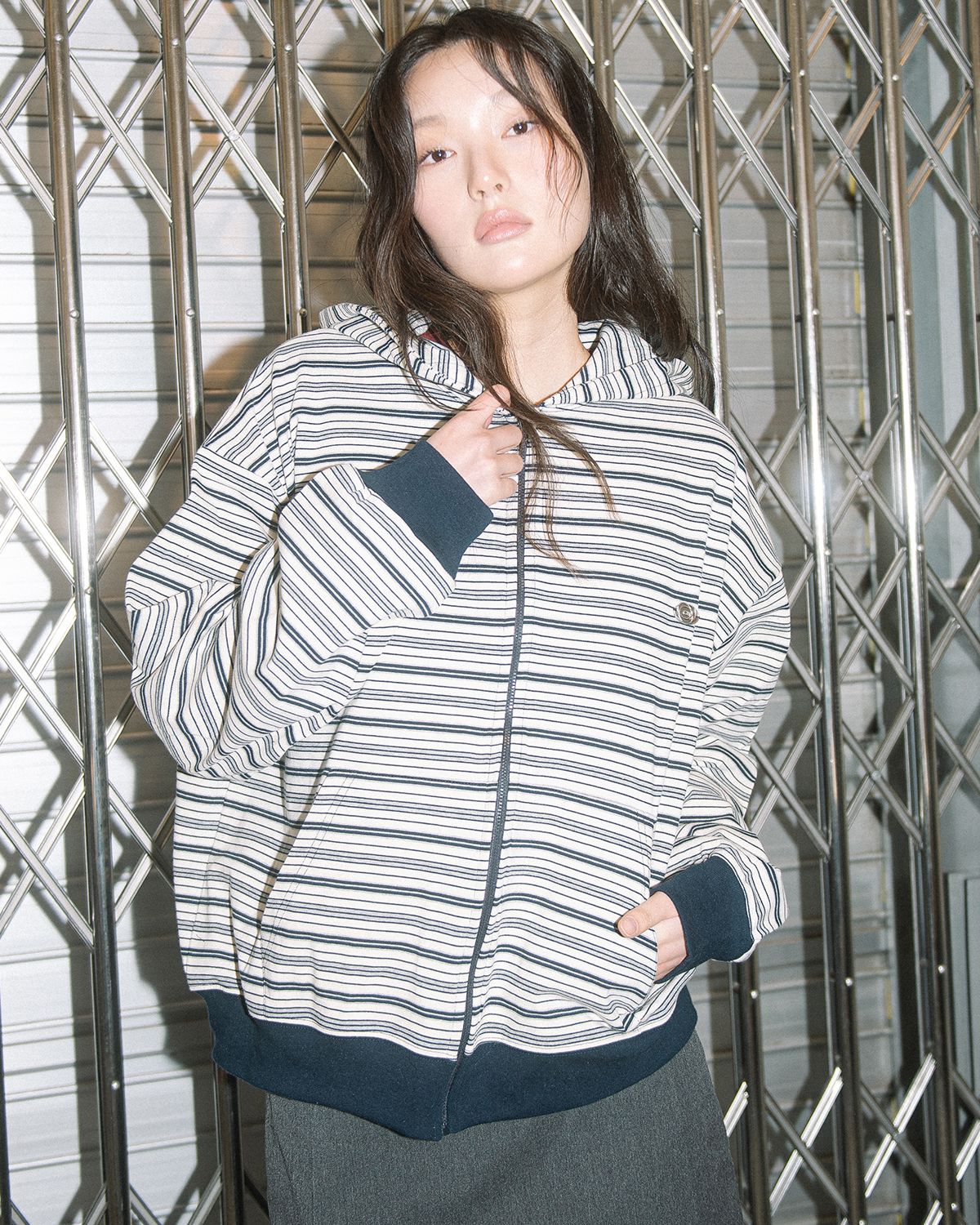 해비즘(HAVISM) WP STRIPE THIN ZIP UP HOOD(NAVY)