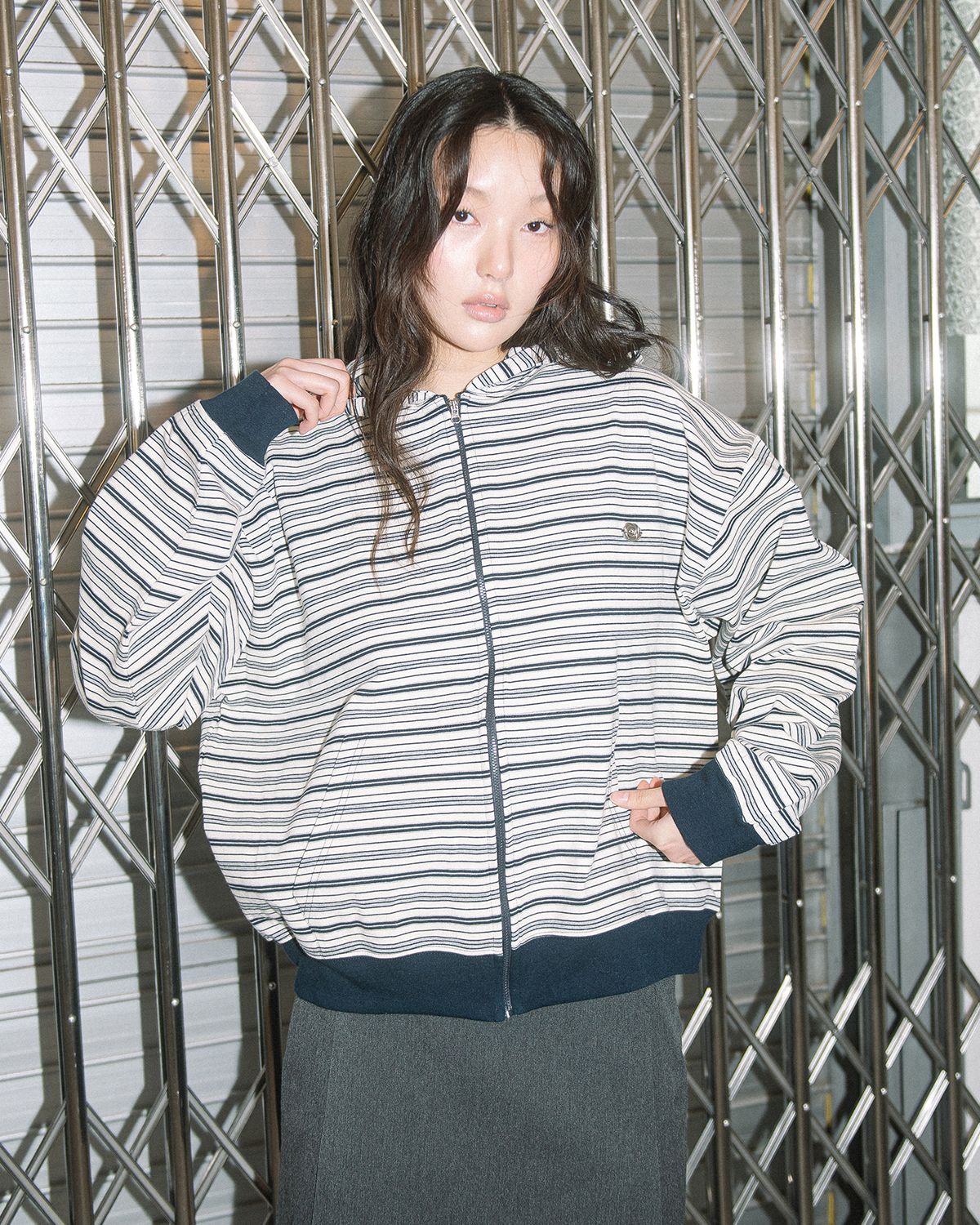 해비즘(HAVISM) WP STRIPE THIN ZIP UP HOOD(NAVY)