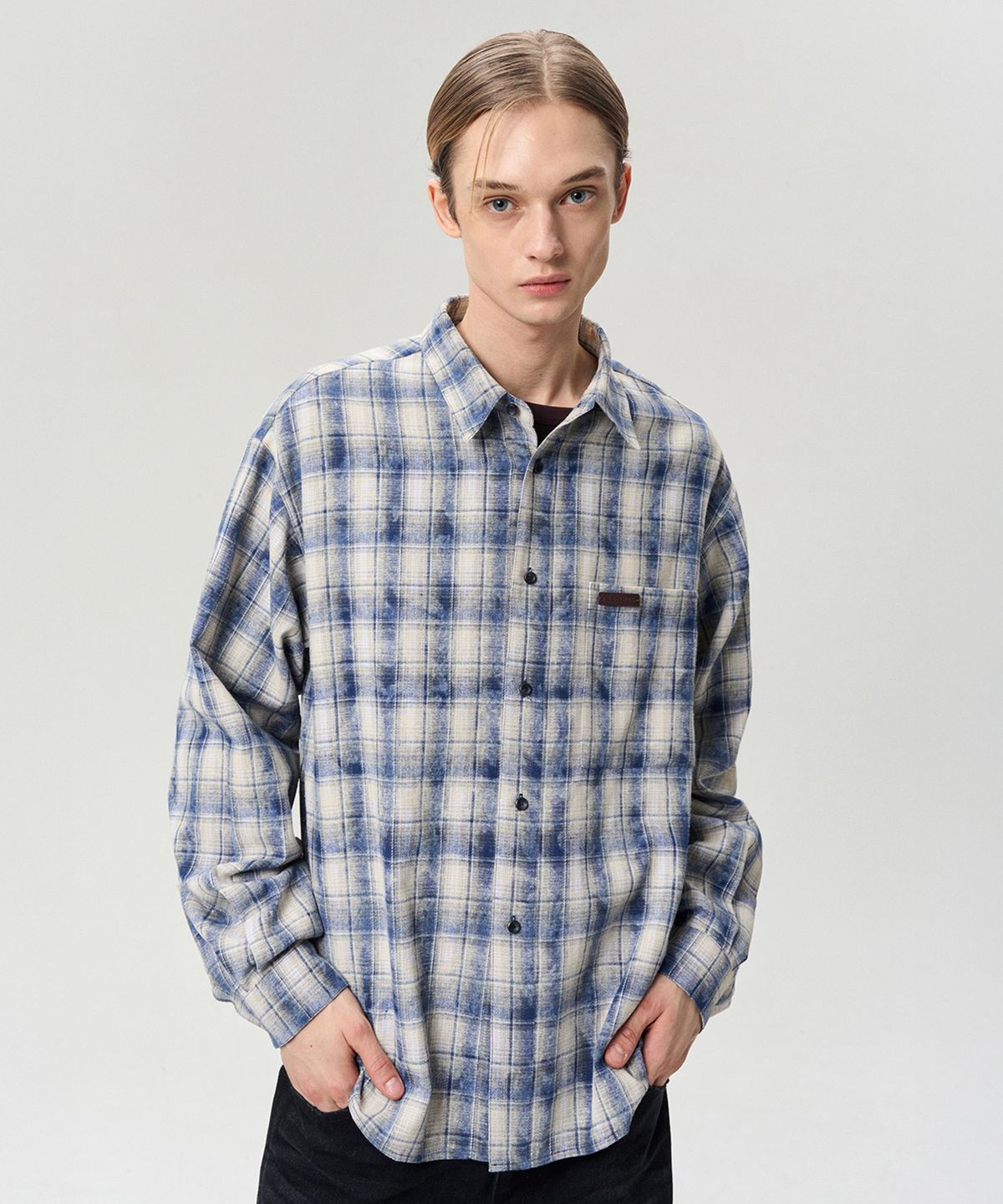 리이 맨(RERHEE MEN) CHECKED COTTON SHIRT WASHED BLUE