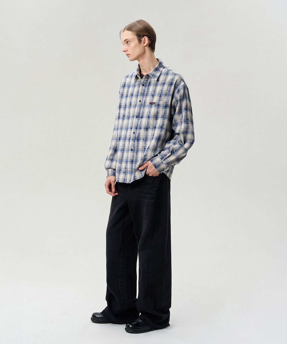 리이 맨(RERHEE MEN) CHECKED COTTON SHIRT WASHED BLUE