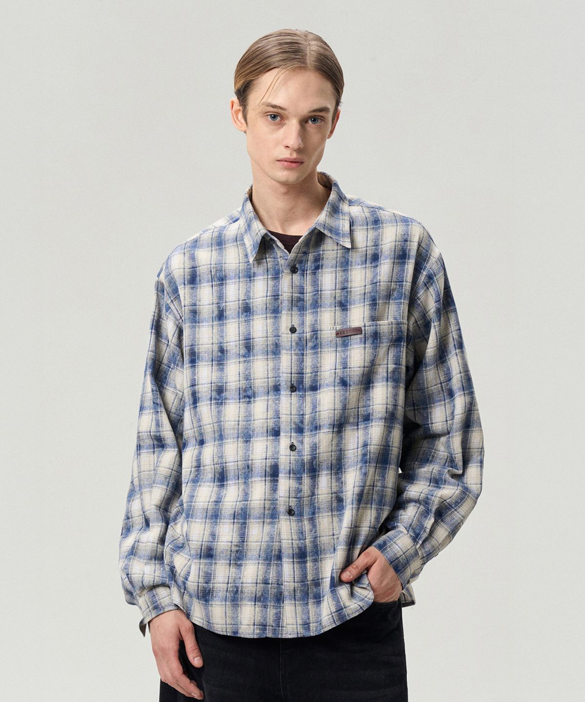리이 맨(RERHEE MEN) CHECKED COTTON SHIRT WASHED BLUE