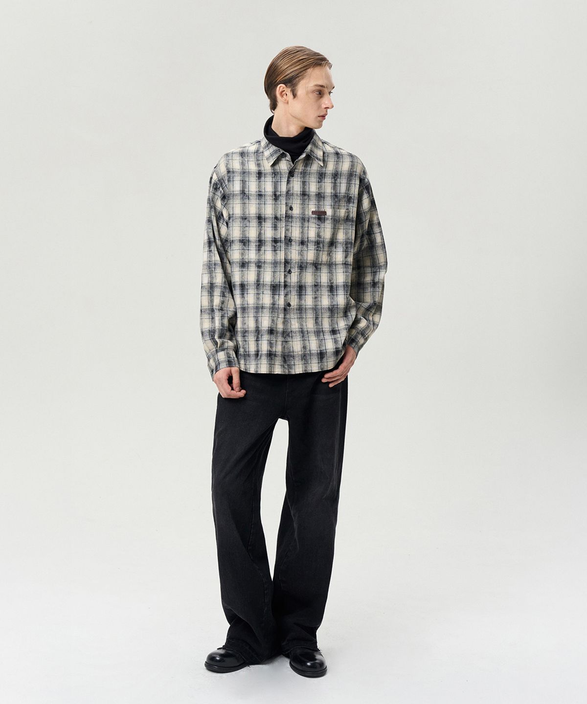 리이 맨(RERHEE MEN) CHECKED COTTON SHIRT WASHED BLACK