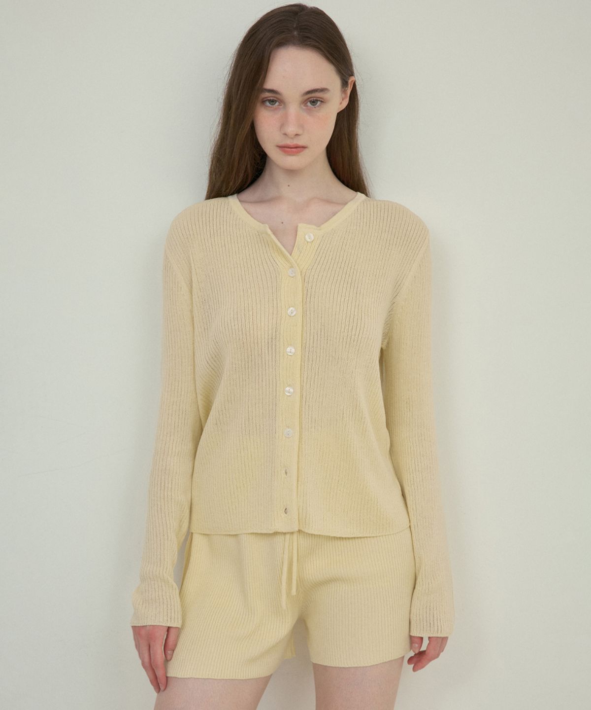 아우어노스텔지아(OURNOSTALGIA) Lush basic knit setup cardigan_Butter yellow(OC25-KN09)
