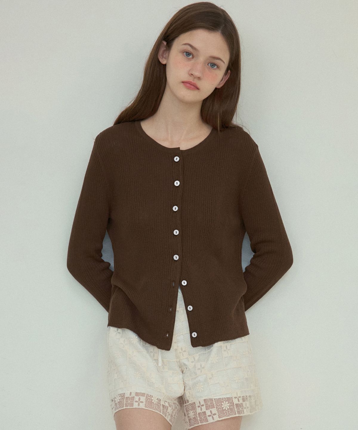 아우어노스텔지아(OURNOSTALGIA) Lush basic knit setup cardigan_Brown(OC25-KN09)