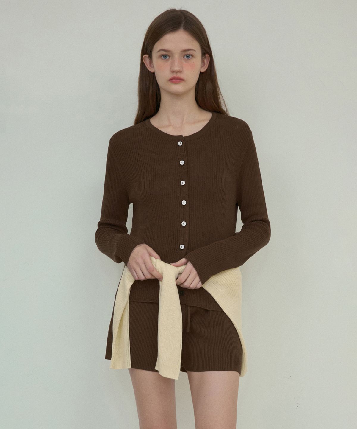 아우어노스텔지아(OURNOSTALGIA) Lush basic knit setup cardigan_Brown(OC25-KN09)