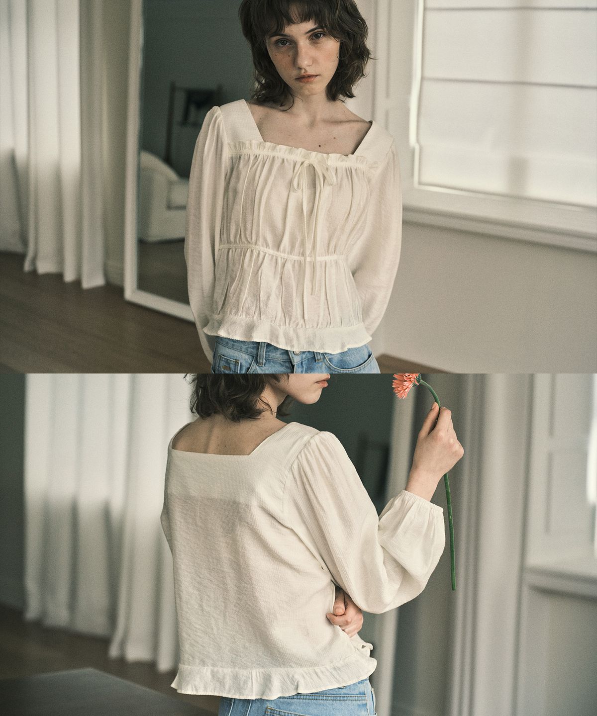 아우어노스텔지아(OURNOSTALGIA) Square neck shirring blouse_Cream(O25-BL01)