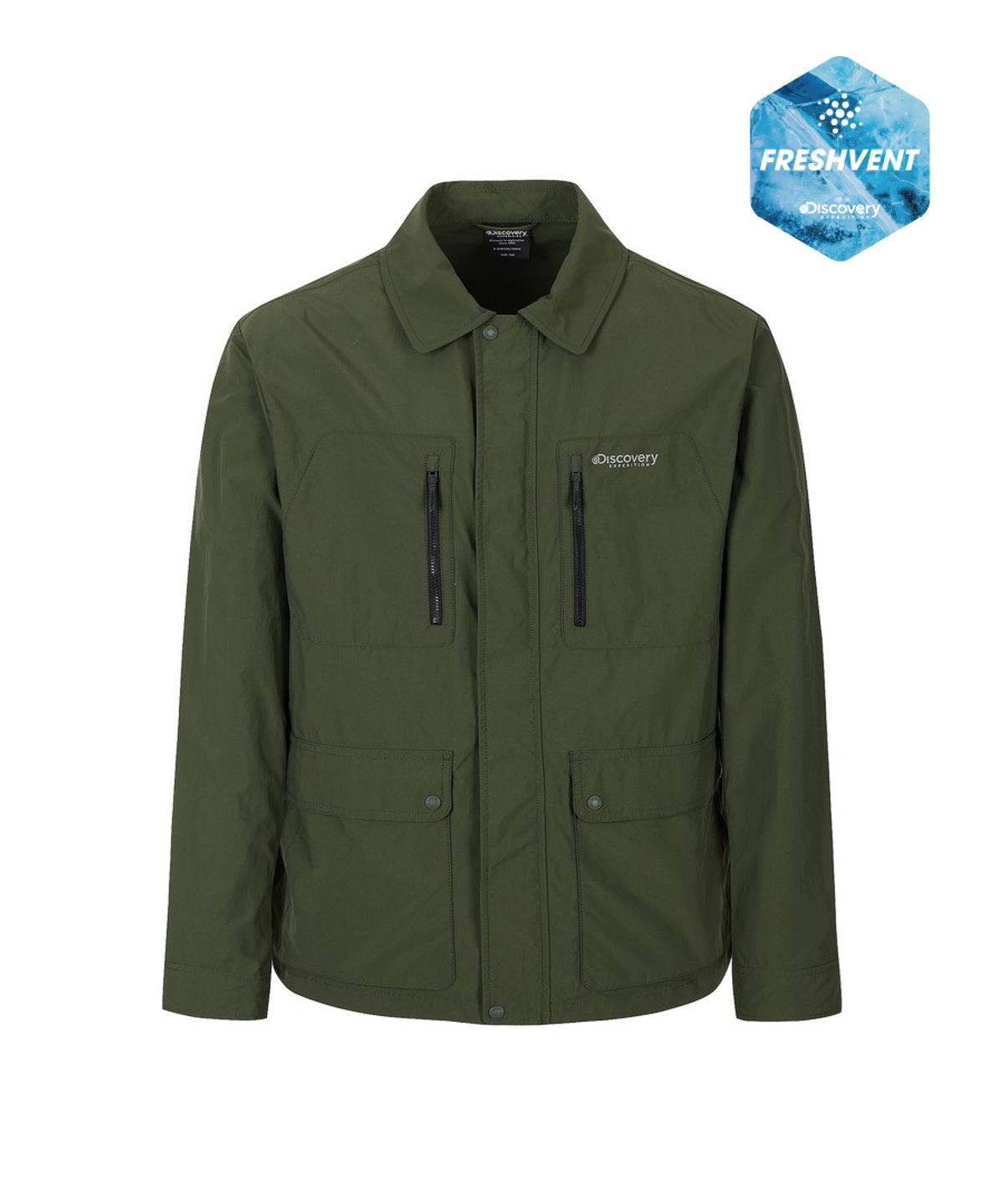 디스커버리 익스페디션(DISCOVERY EXPEDITION) 남성 프레시벤트 카라형 아웃포켓 바람막이 (D/KHAKI)