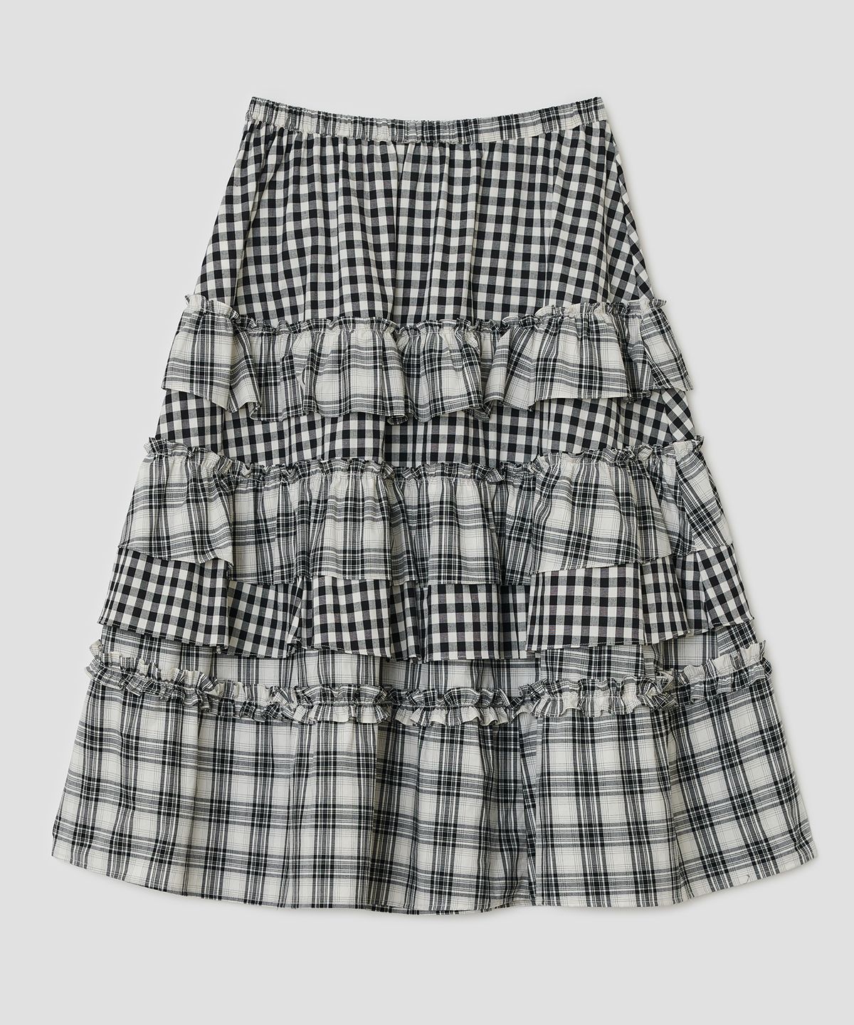 타입서비스(TYPESERVICE) Voluminous Check Tier Skirt [Black]