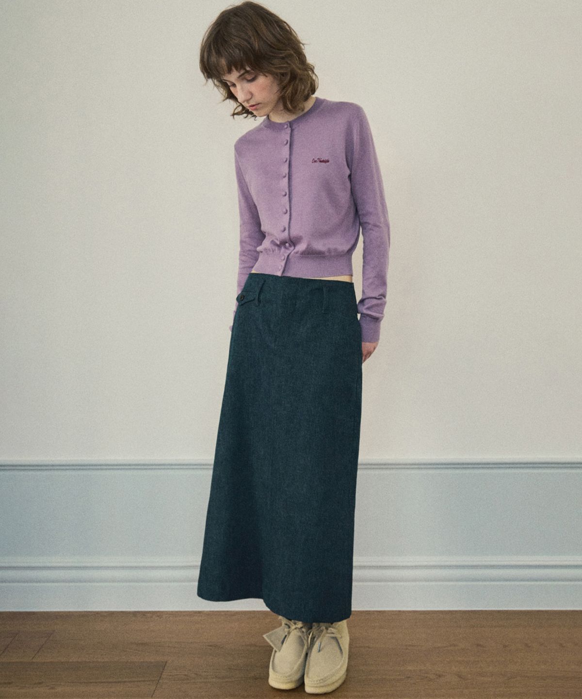 아우어노스텔지아(OURNOSTALGIA) Pocket herringbone midi skirt_Denim(O25-SK03)