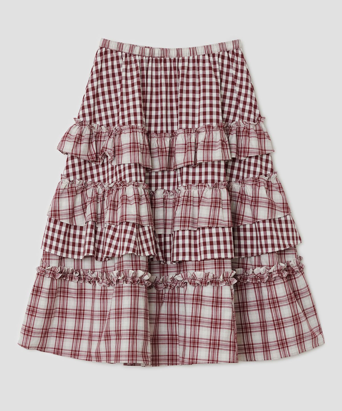 타입서비스(TYPESERVICE) Voluminous Check Tier Skirt [Red]