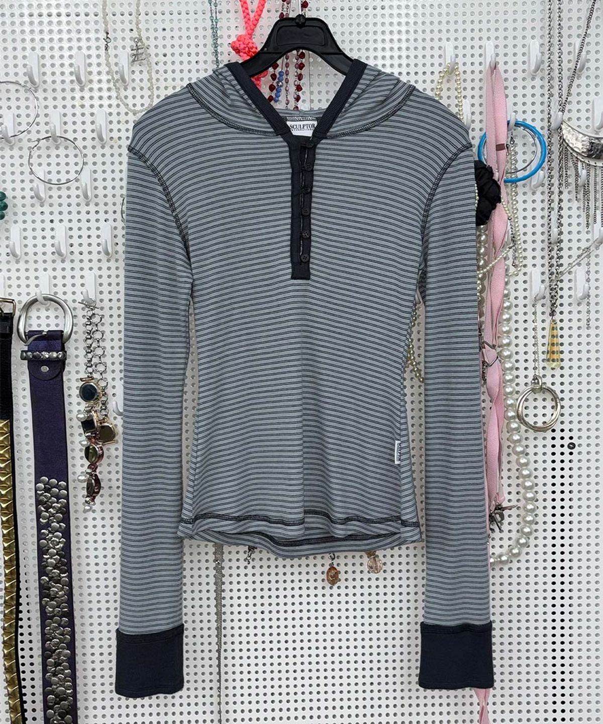 스컬프터(SCULPTOR) Striped Button Down Hoodie Dusty Blue