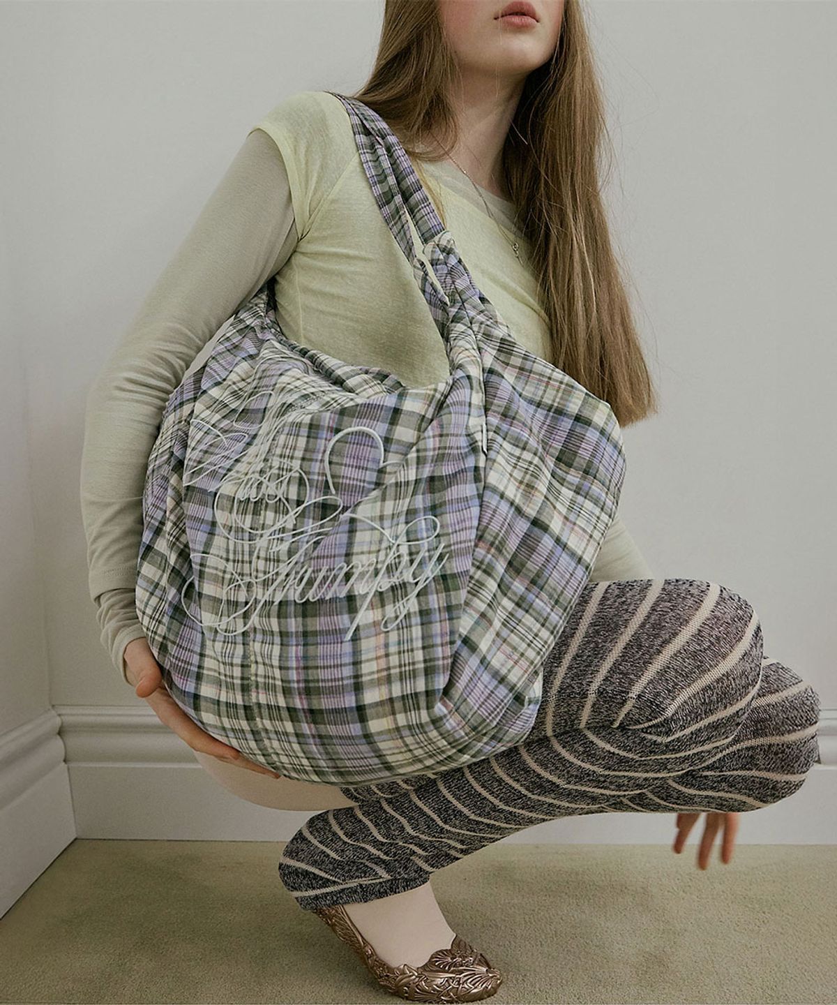 스컬프터(SCULPTOR) Plaid Big Hobo Bag Sage