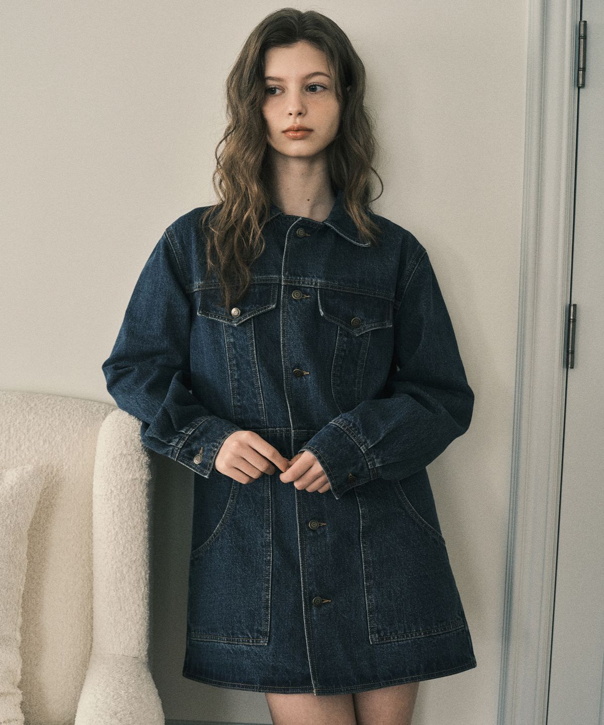 아우어노스텔지아(OURNOSTALGIA) Two-way denim half jacket dress_Deep blue(OC25-OT01)