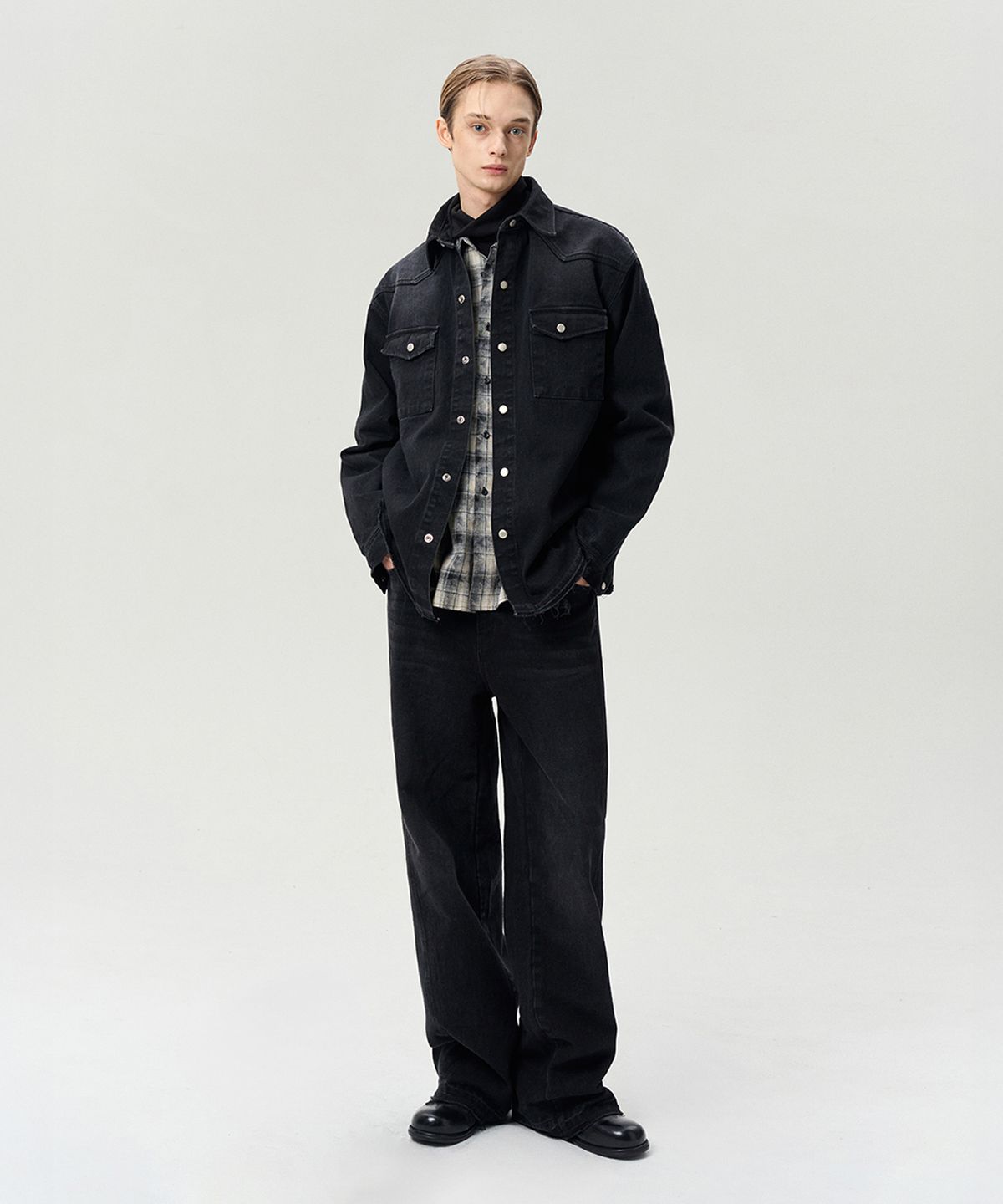 리이 맨(RERHEE MEN) DESTROYED HEM SHIRT JACKET WASHED BLACK