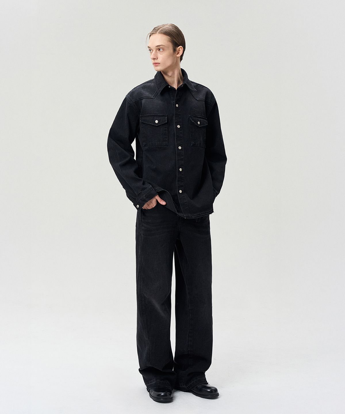 리이 맨(RERHEE MEN) DESTROYED HEM SHIRT JACKET WASHED BLACK